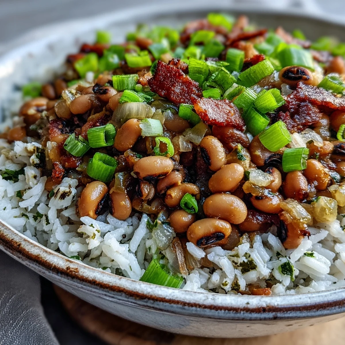 A hearty plate of Hoppin John featuring tender black-eyed peas, smoky bacon, and fluffy rice, perfect for New Year's.