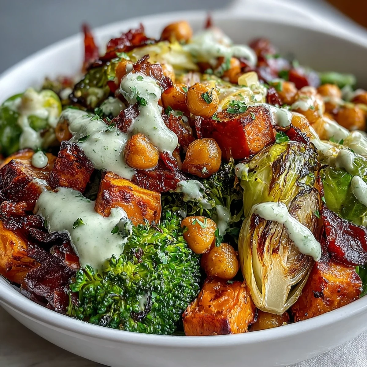 A hearty vegan bowl with roasted sweet potato, Brussels sprouts, and a creamy Maple Dijon Tahini dressing.