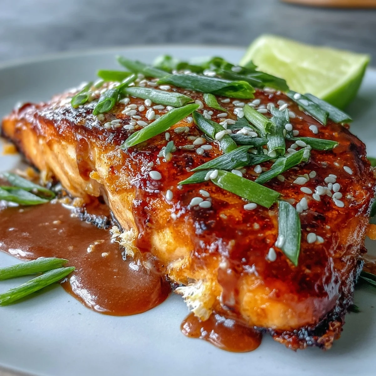 Oven-baked Bang Bang Salmon fillets glazed with creamy, spicy-sweet sauce and garnished with green onions and sesame seeds.
