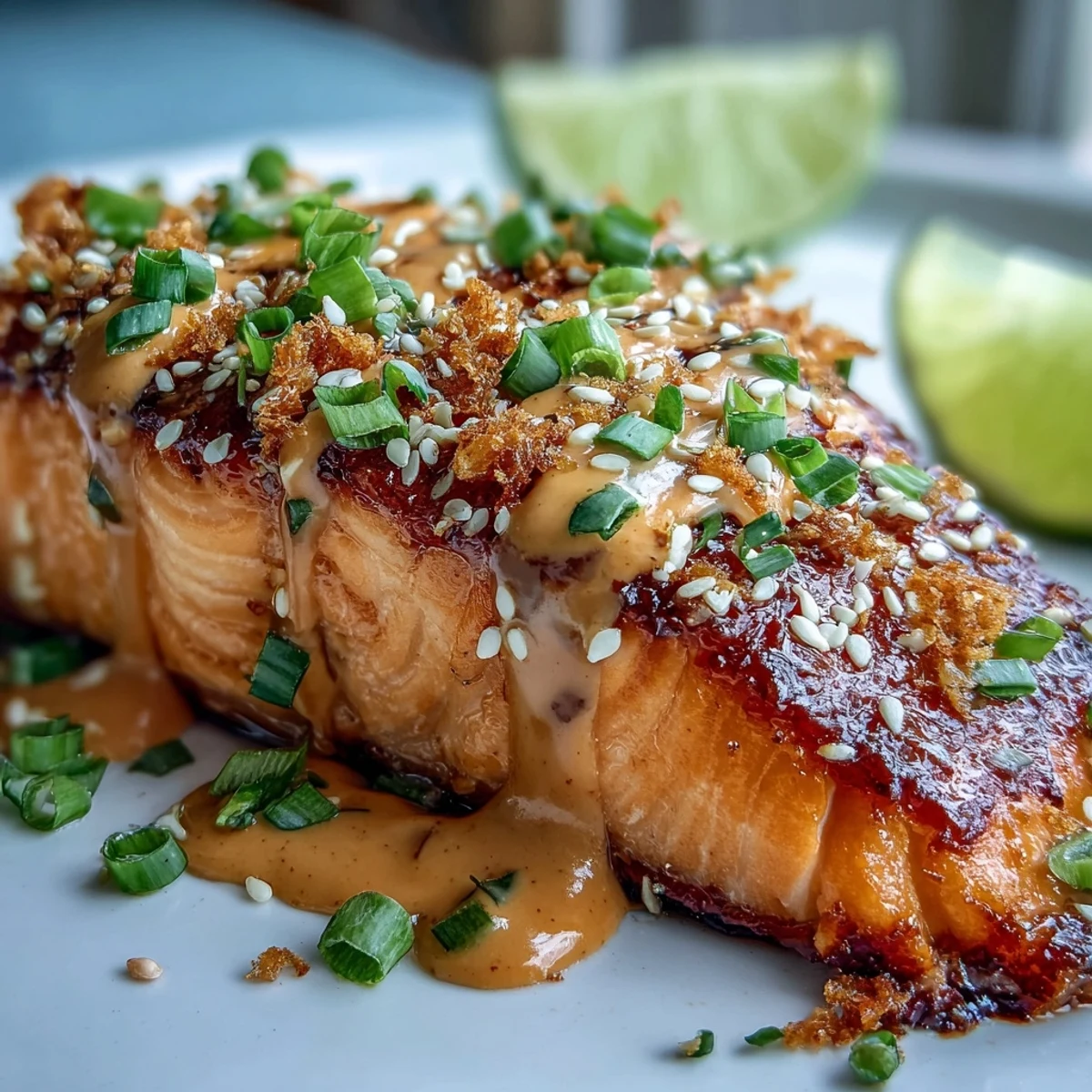 Golden pan-seared Bang Bang Salmon topped with tangy sauce, lime wedges, and fresh herbs for a vibrant weeknight dinner.