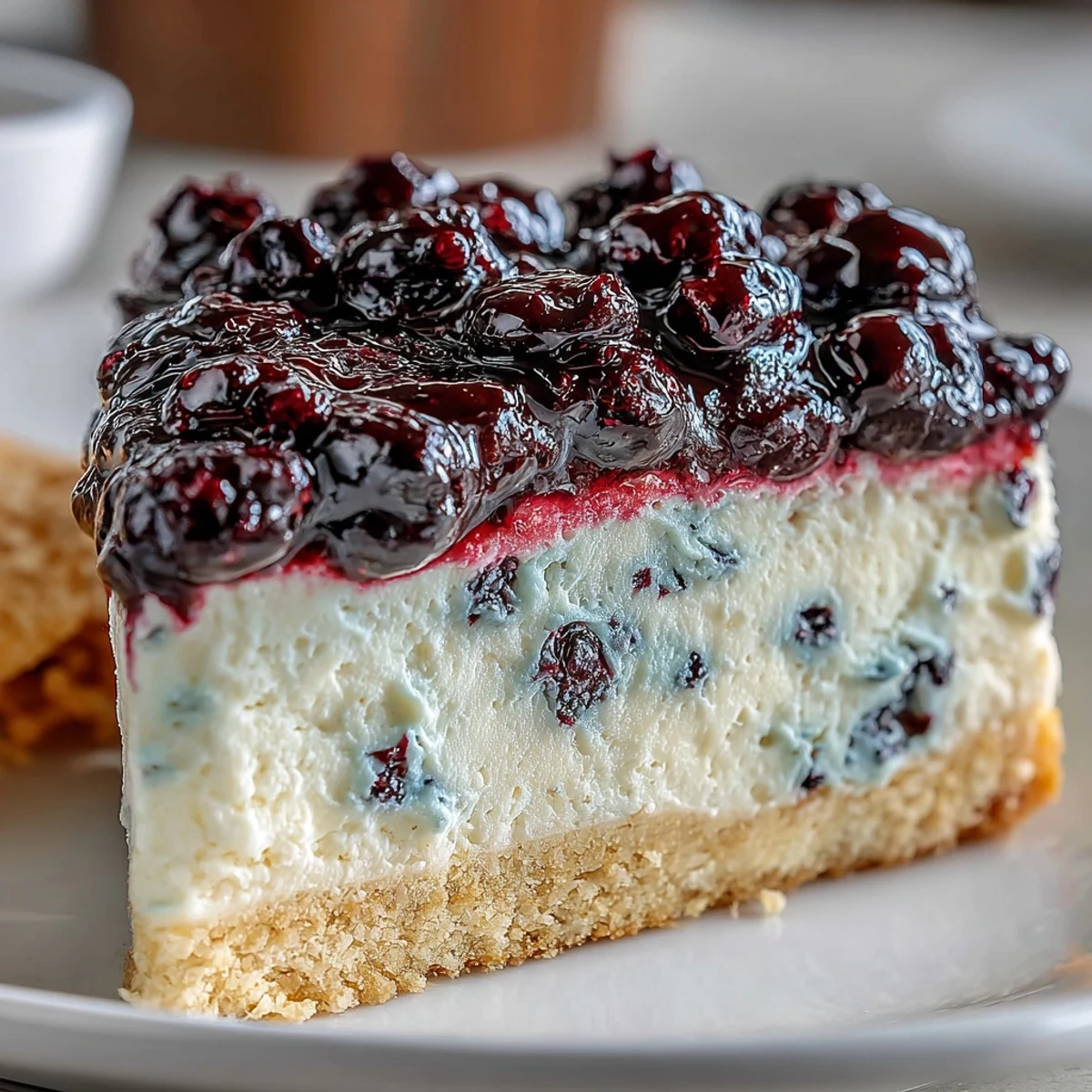 A vibrant slice of Lemon Blueberry Shortbread Mousse Cake on a white plate with fresh berries.