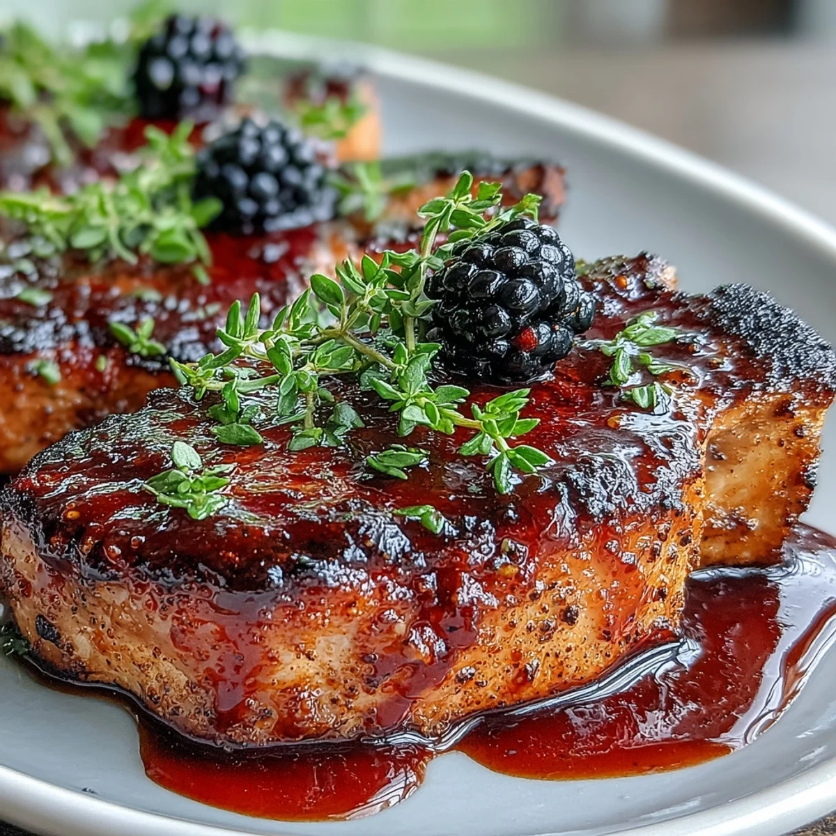 Pan-seared Bourbon Blackberry Pork Chops with a glossy glaze and fresh blackberries.