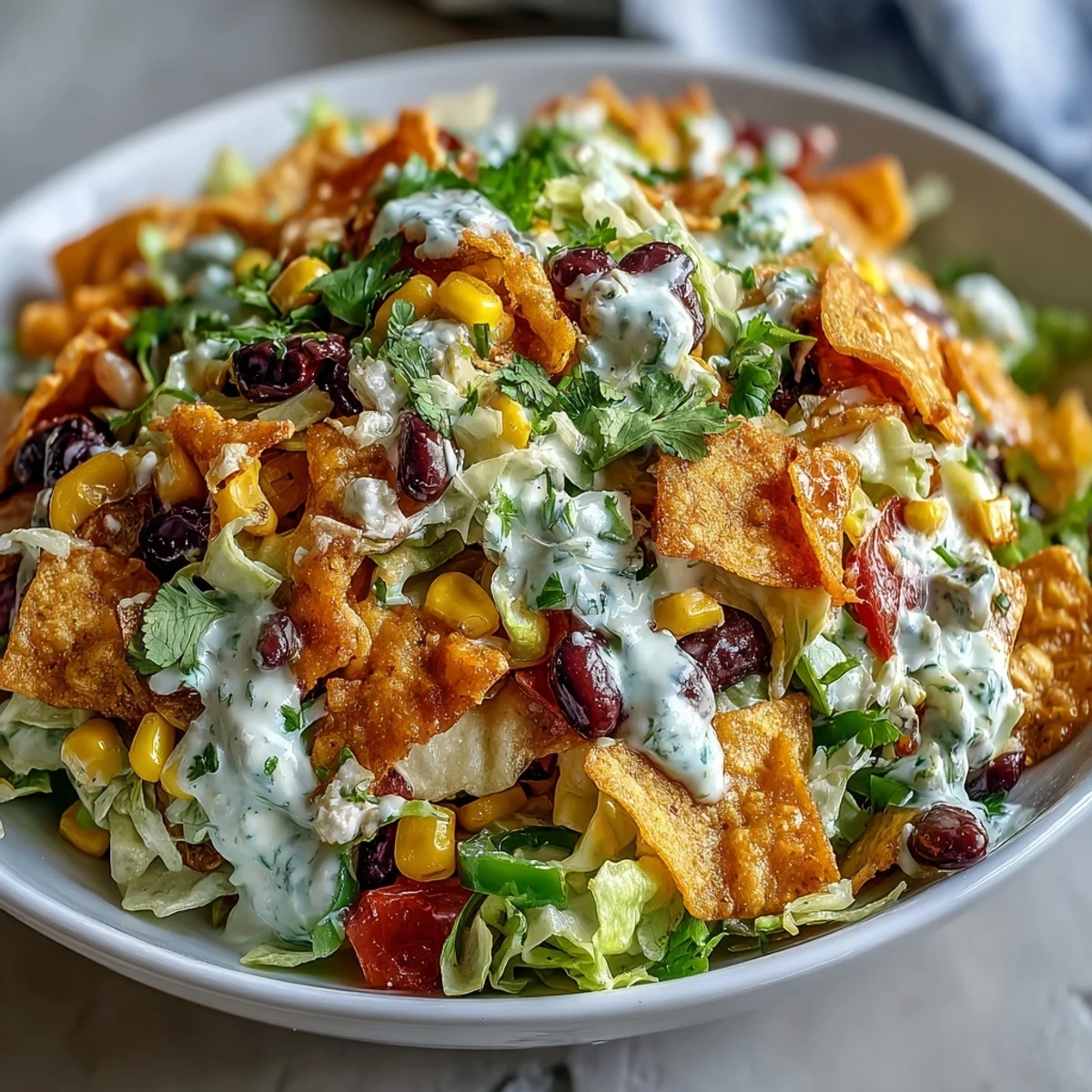 Frito Cowboy Cabbage salad in a white bowl with colorful vegetables, black beans, corn, and Chili Cheese Fritos, topped with creamy chipotle dressing. 