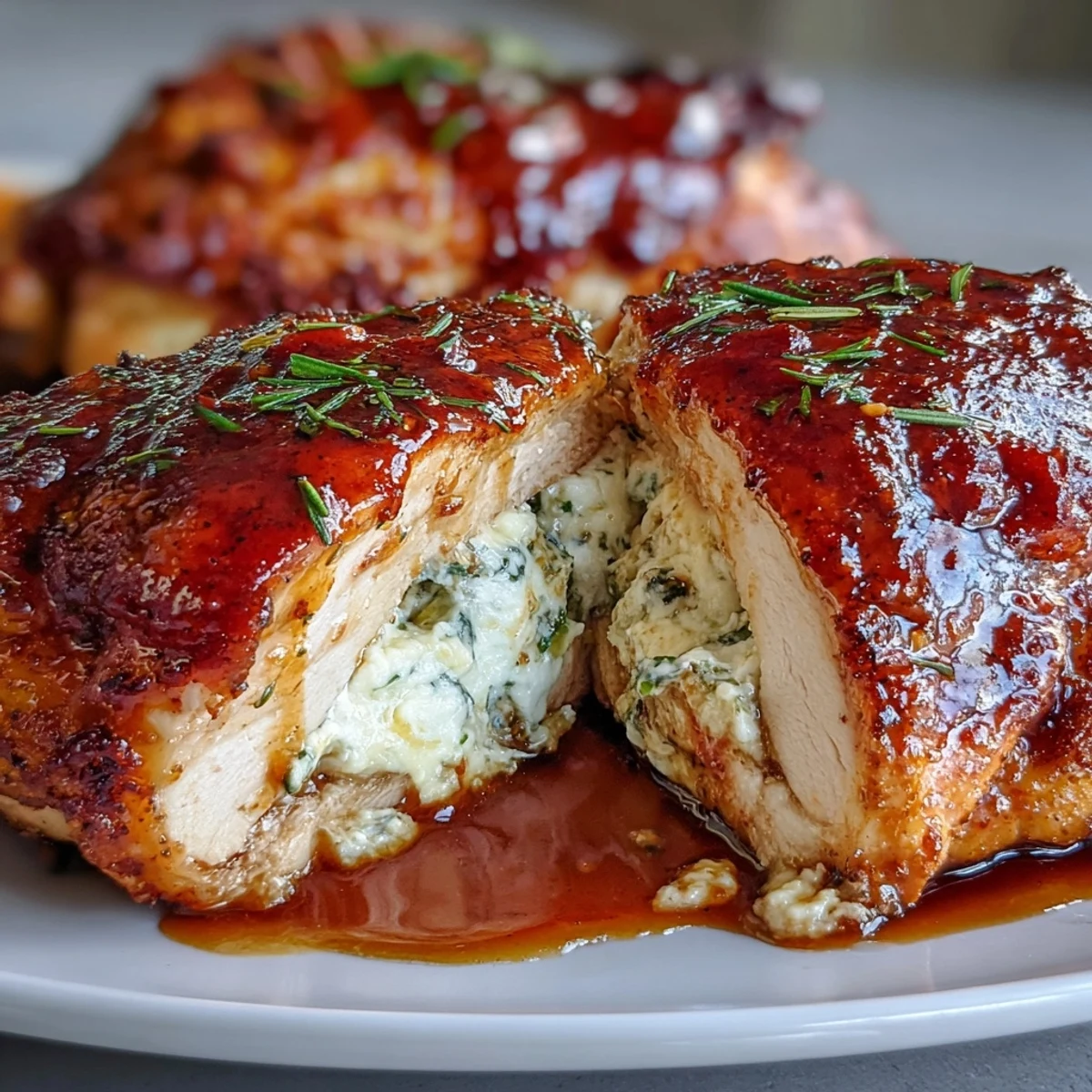 Juicy Hot Honey Ricotta Stuffed Chicken breasts served on a plate with fresh basil garnish.
