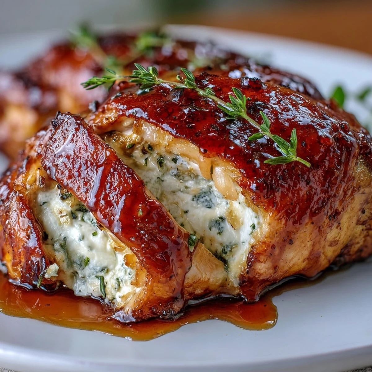 Close-up of baked Hot Honey Ricotta Stuffed Chicken revealing a creamy, melted ricotta and herb filling.