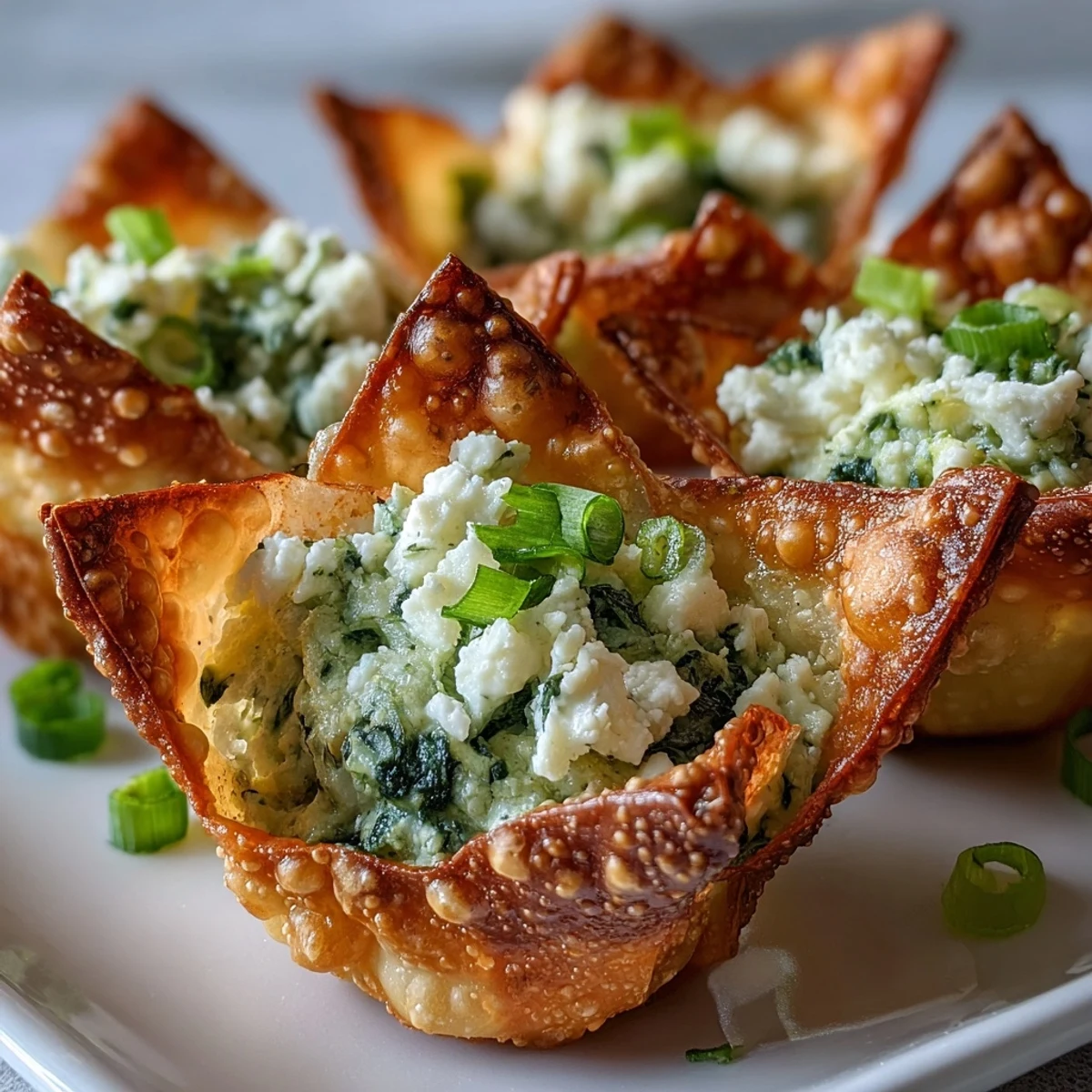 Crispy Spinach Feta Wonton Cups served warm on a wooden board, garnished with fresh parsley and extra feta crumbles.
