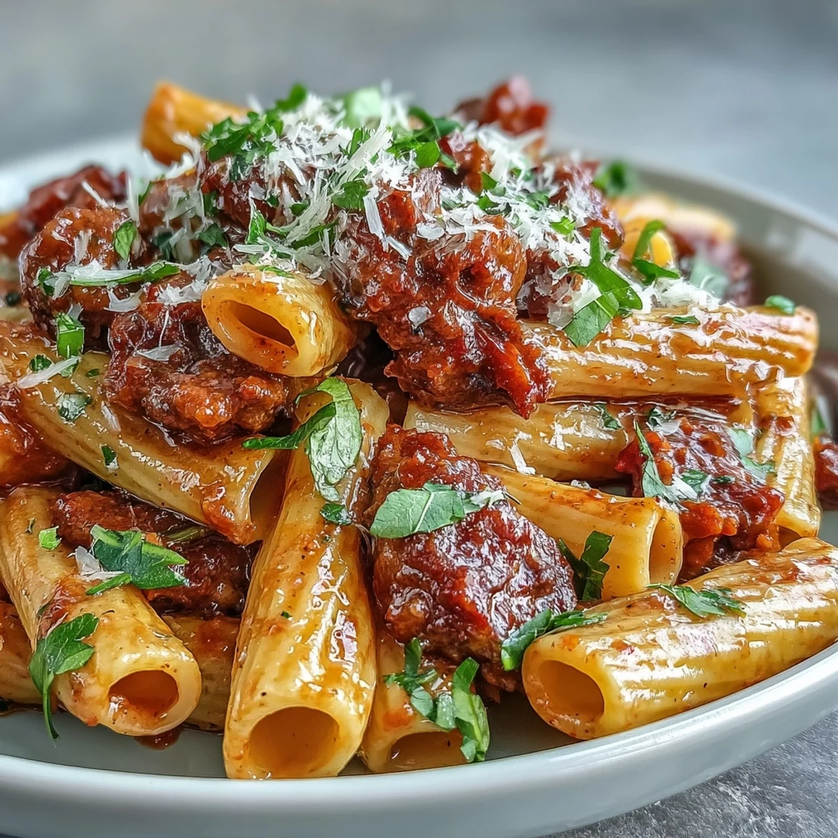 Skillet of One-Pot Creamy Red Wine Sausage Pasta, featuring crumbled spicy Italian sausage and diced red bell pepper simmering in velvety sauce.
