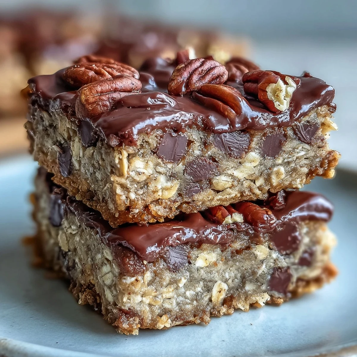Golden-baked Chunky Monkey Protein Baked Oat Bars studded with chocolate chips and walnuts.