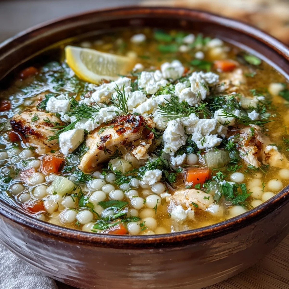 Bright Greek Chicken & Pearl Couscous Soup in a white bowl, topped with crumbled feta and fresh dill sprigs.