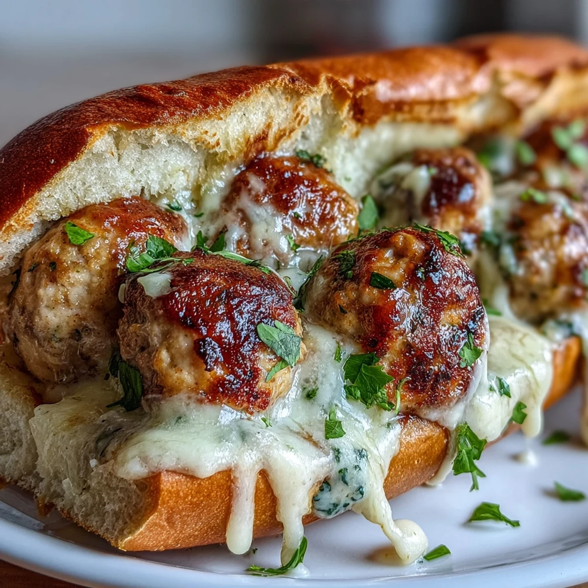 Toasted Italian hoagie rolls brimming with golden-baked turkey meatballs and smothered in creamy garlic-Parmesan sauce, finished with melted mozzarella.