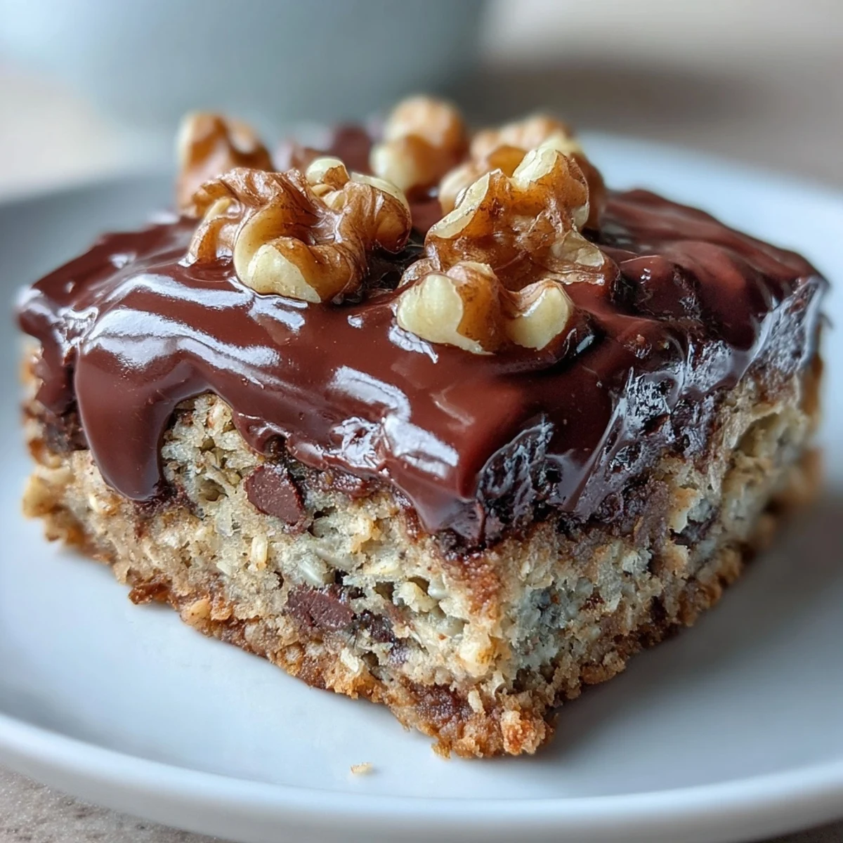Freshly baked Chunky Monkey Protein Baked Oat Bars loaded with chocolate chips and walnuts.