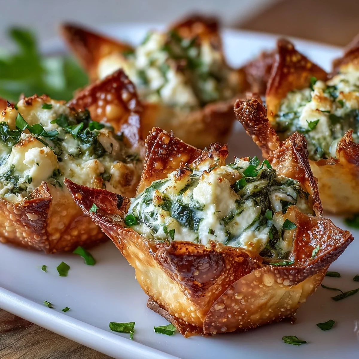Golden-brown Crispy Spinach Feta Wonton Cups rest in a muffin tin, filled with vibrant green spinach and creamy feta cheese.