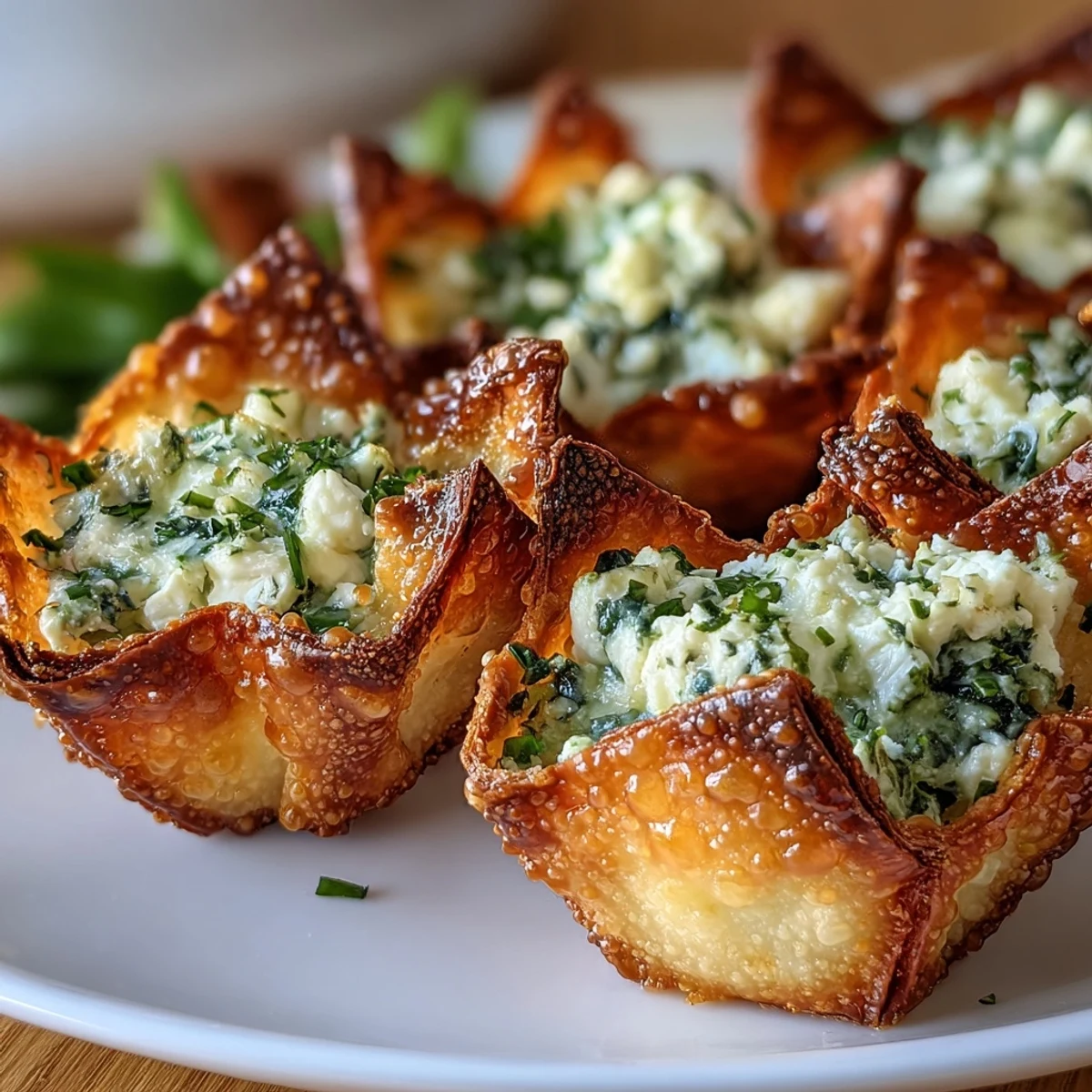 Freshly baked Crispy Spinach Feta Wonton Cups are arranged on a rustic wooden board, topped with chopped dill and ready to eat.
