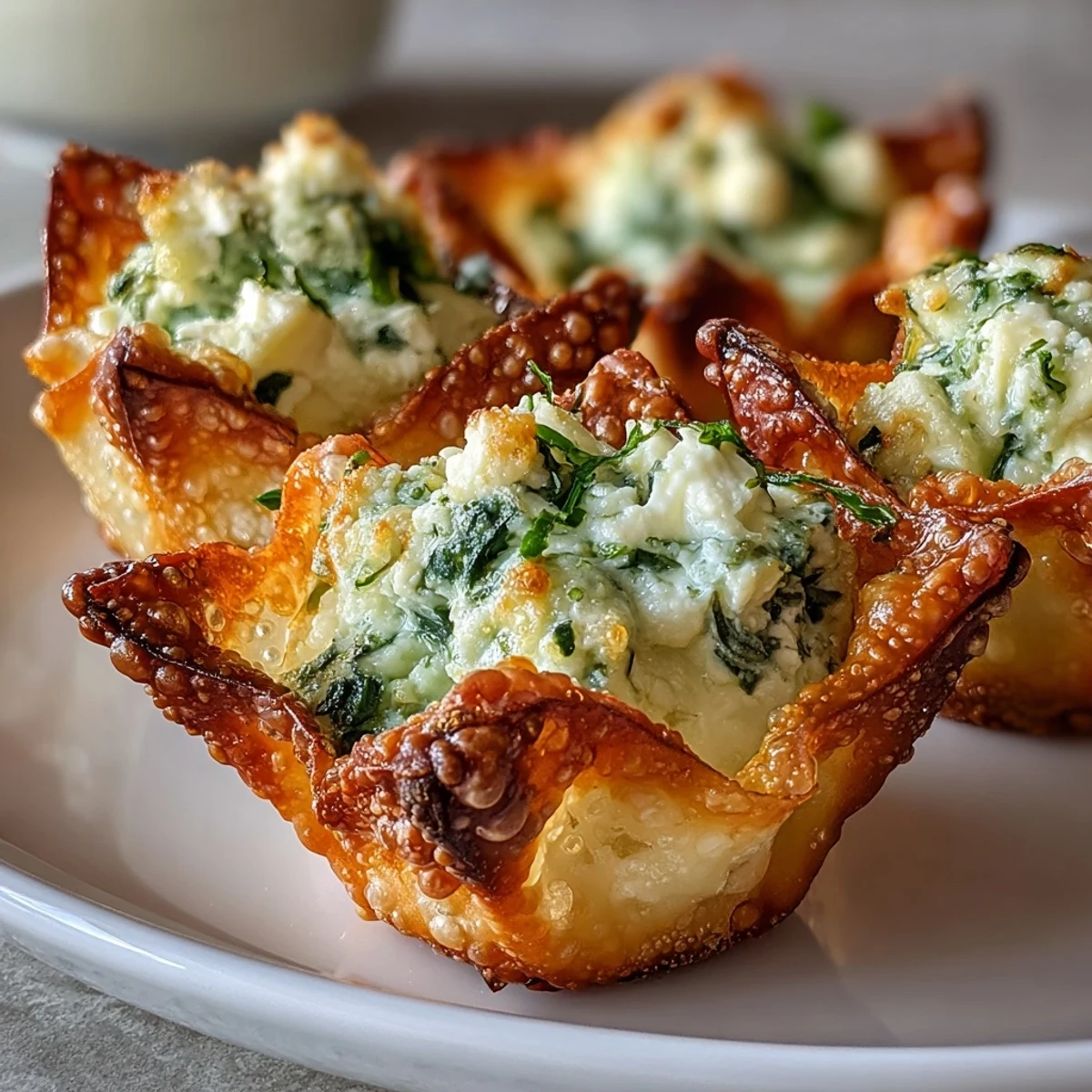 A close-up of Crispy Spinach Feta Wonton Cups shows flaky wonton edges and a rich, savory spinach and feta filling.