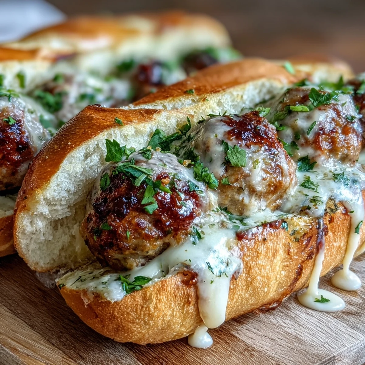 Golden-baked turkey meatballs with melted mozzarella on toasted sub rolls, smothered in a creamy garlic Parmesan sauce.