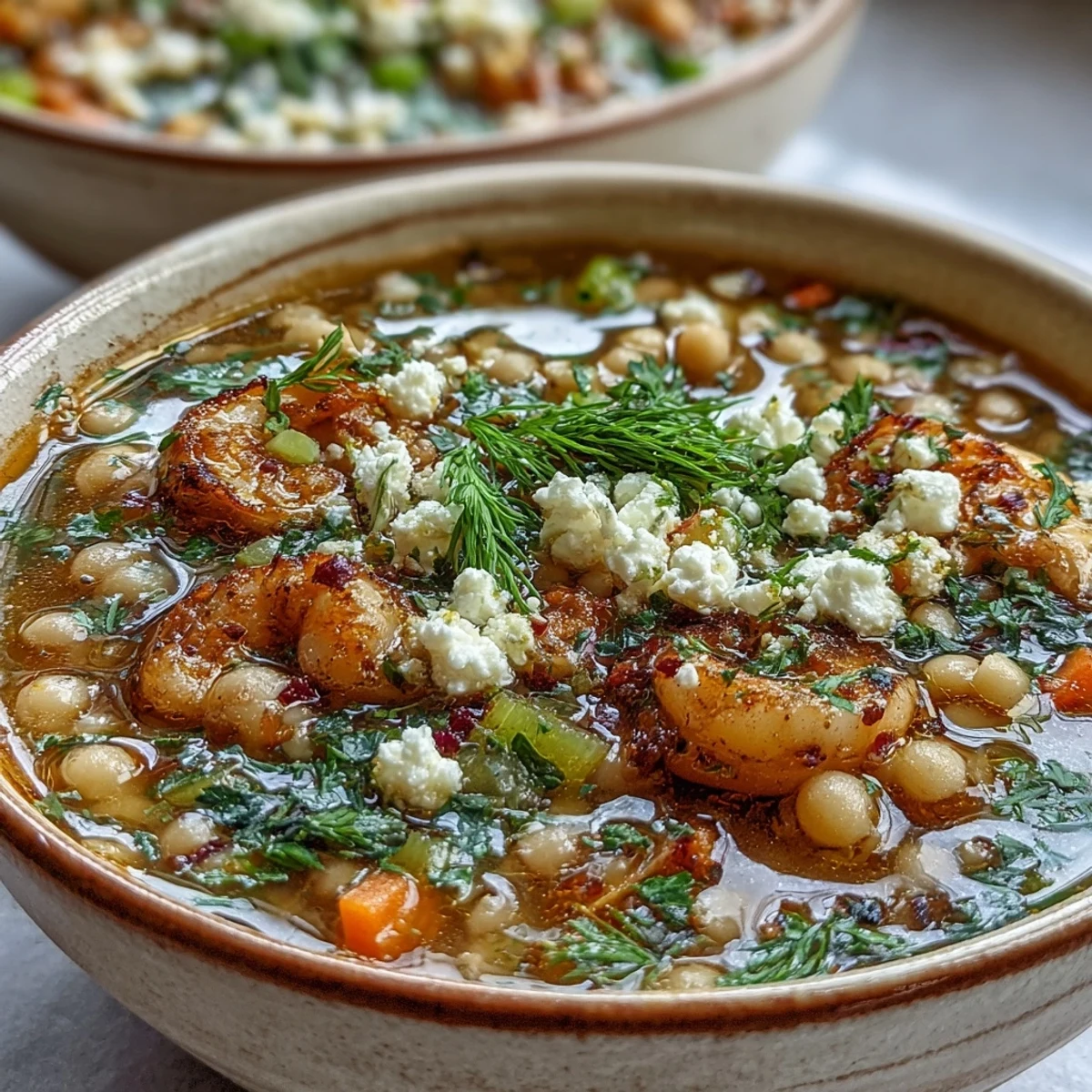 Fragrant Greek Chicken & Pearl Couscous Soup steaming in a white bowl, topped with creamy feta crumbles and fresh dill.