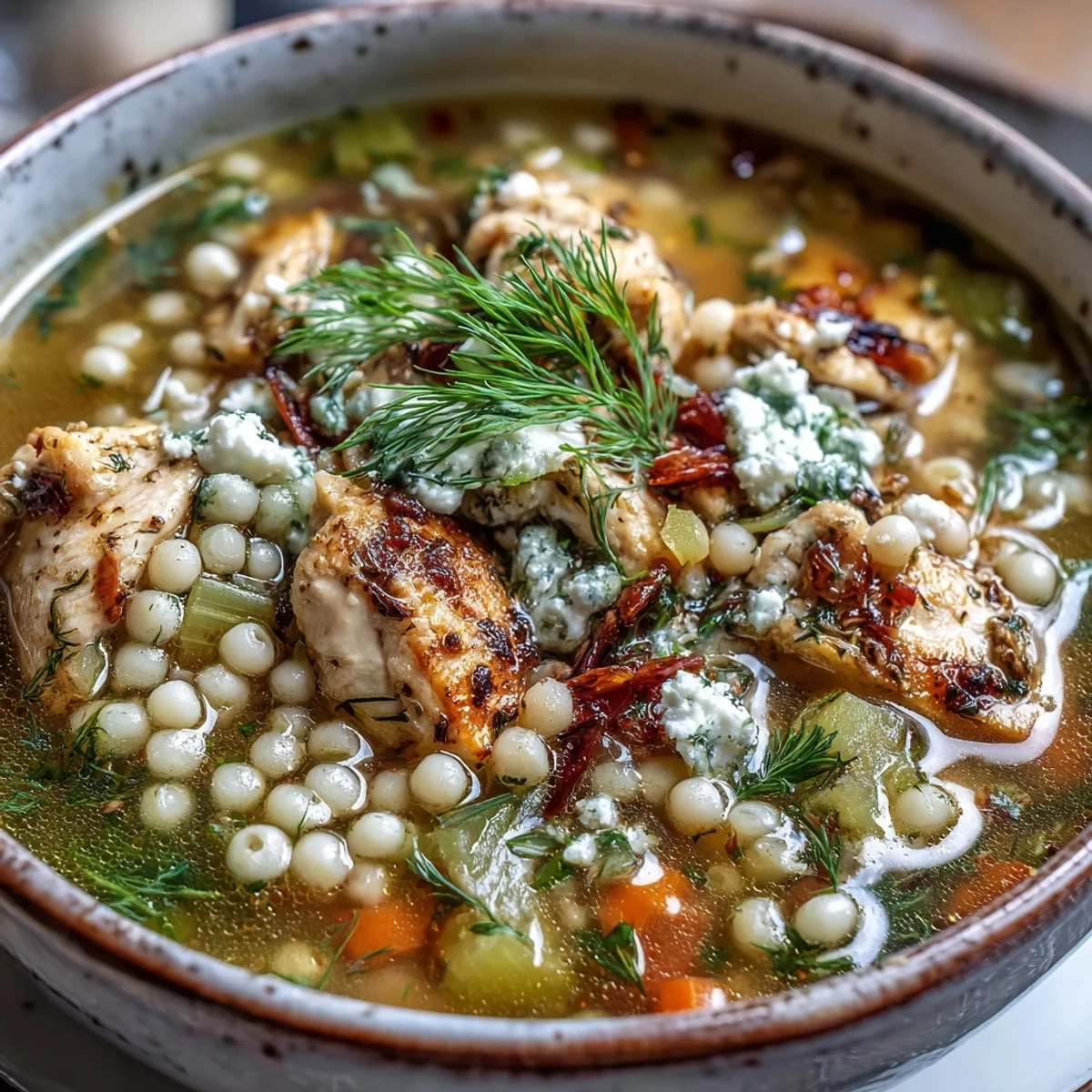 Ladle of golden Greek Chicken & Pearl Couscous Soup with tender chicken, pearl couscous, and lemon wedges on a rustic table.