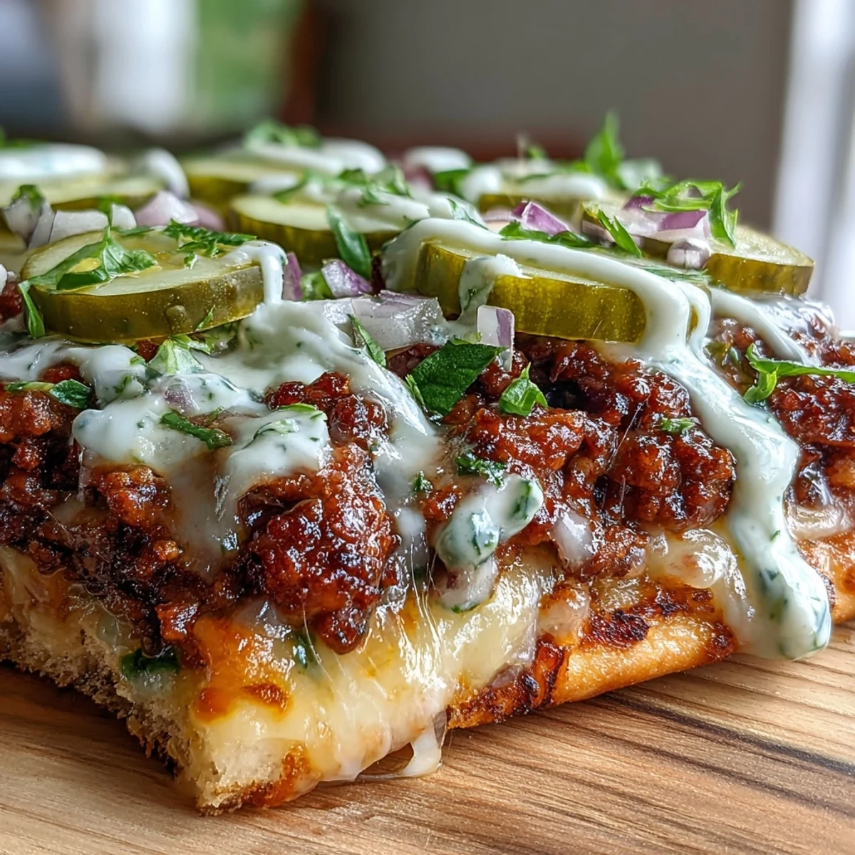 Cheeseburger Garlic Naan Pizzas fresh from the oven, with bubbly cheese sauce and golden brown naan crust.
