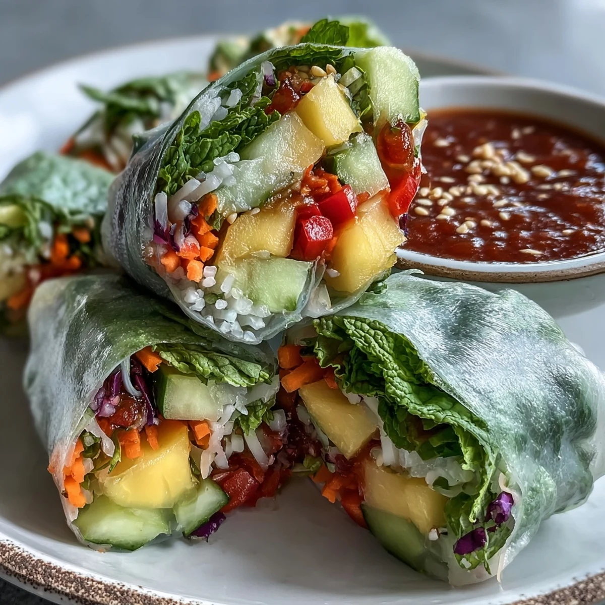 Bright, colorful Vegan Mango Avocado Spring Rolls with sweet chili dipping sauce on a plate.