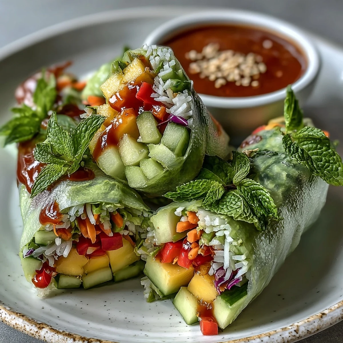 Handheld gluten-free spring rolls with herbs, mint, and sesame seeds, served with spicy sauce.