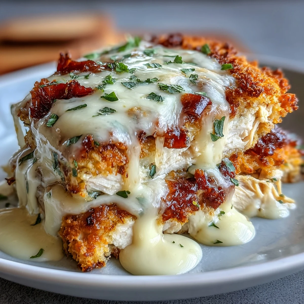 Serving suggestion for Keto Chicken Cordon Bleu Casserole, with a golden Parmesan almond flour topping and fresh parsley garnish on a white plate.