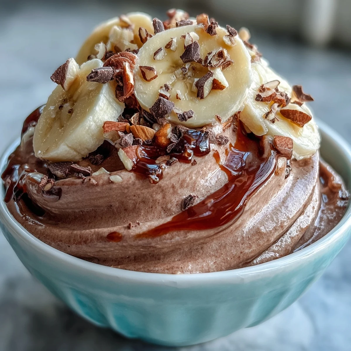 Creamy Vegan Chocolate Banana Nice Cream in a bowl with a rich almond butter swirl and fresh banana slices.