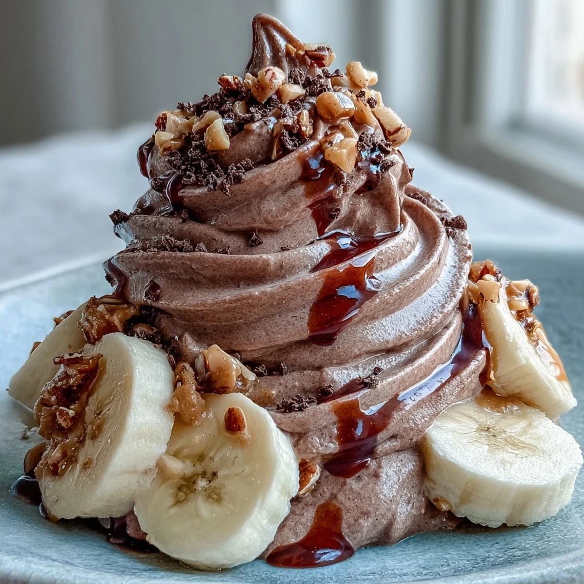 Spoonful of dairy-free Vegan Chocolate Banana Nice Cream topped with chopped toasted almonds and dark chocolate shavings.