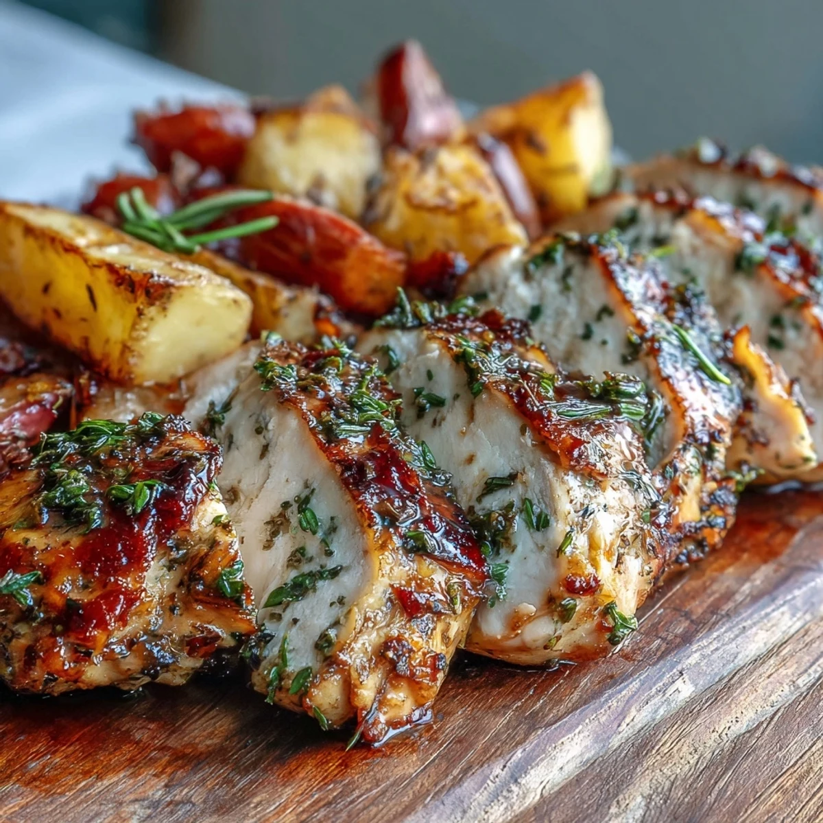 Golden roasted root vegetables accompany the delicious Grilled Herb Chicken with Roasted Root Vegetables.
