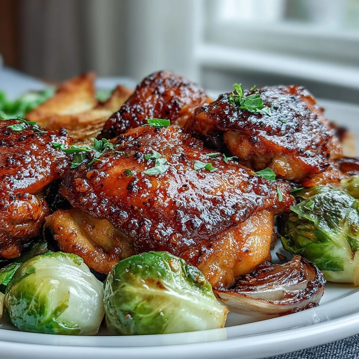 Juicy glazed chicken thighs and crispy Brussels sprouts roast together on one pan for an easy Sheet Pan Honey Mustard Chicken with Brussels Sprouts.