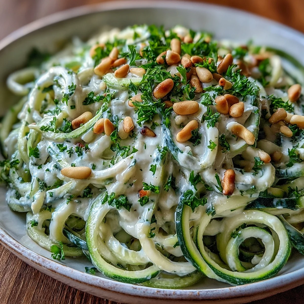 Creamy Cashew Alfredo sauce coats tender sautéed zucchini noodles in a stainless steel skillet, garnished with fresh parsley and toasted pine nuts for a vibrant, dairy-free dinner.