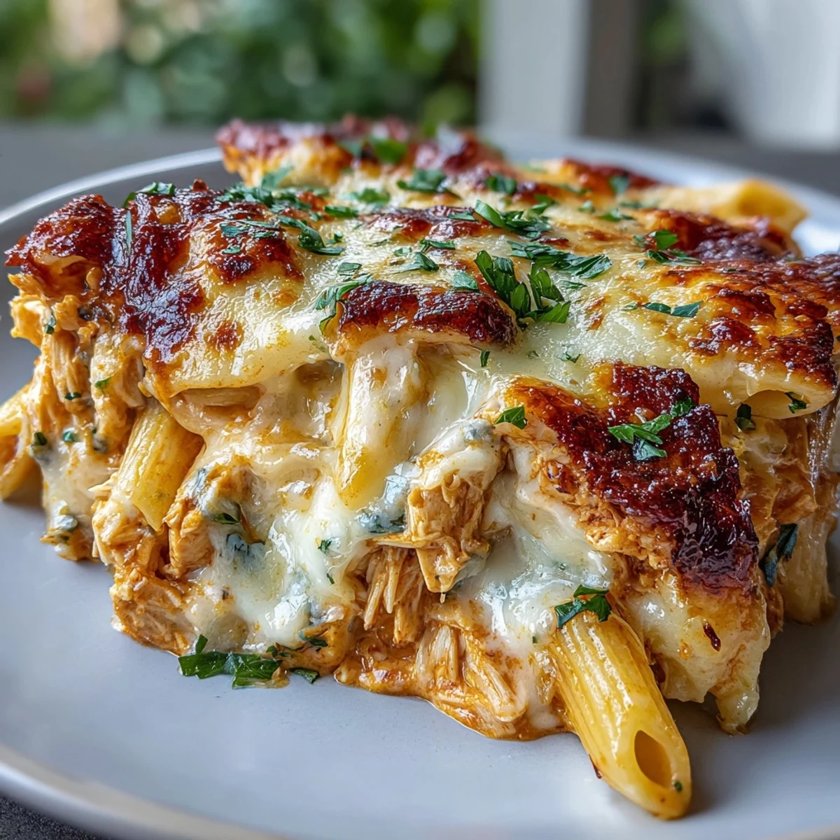 Spicy and creamy Buffalo Ranch Chicken Pasta Bake baked until bubbly, garnished with green onions and optional blue cheese crumbles.