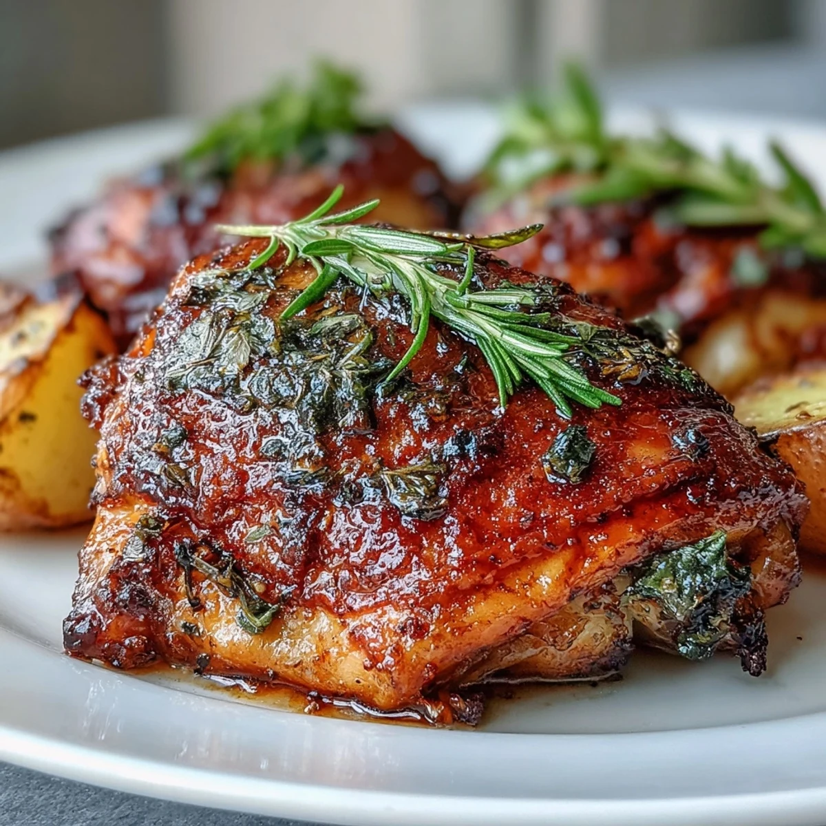 Juicy chicken thighs with crispy skin rest on a bed of roasted carrots and potatoes, infused with aromatic herbs and garlic.