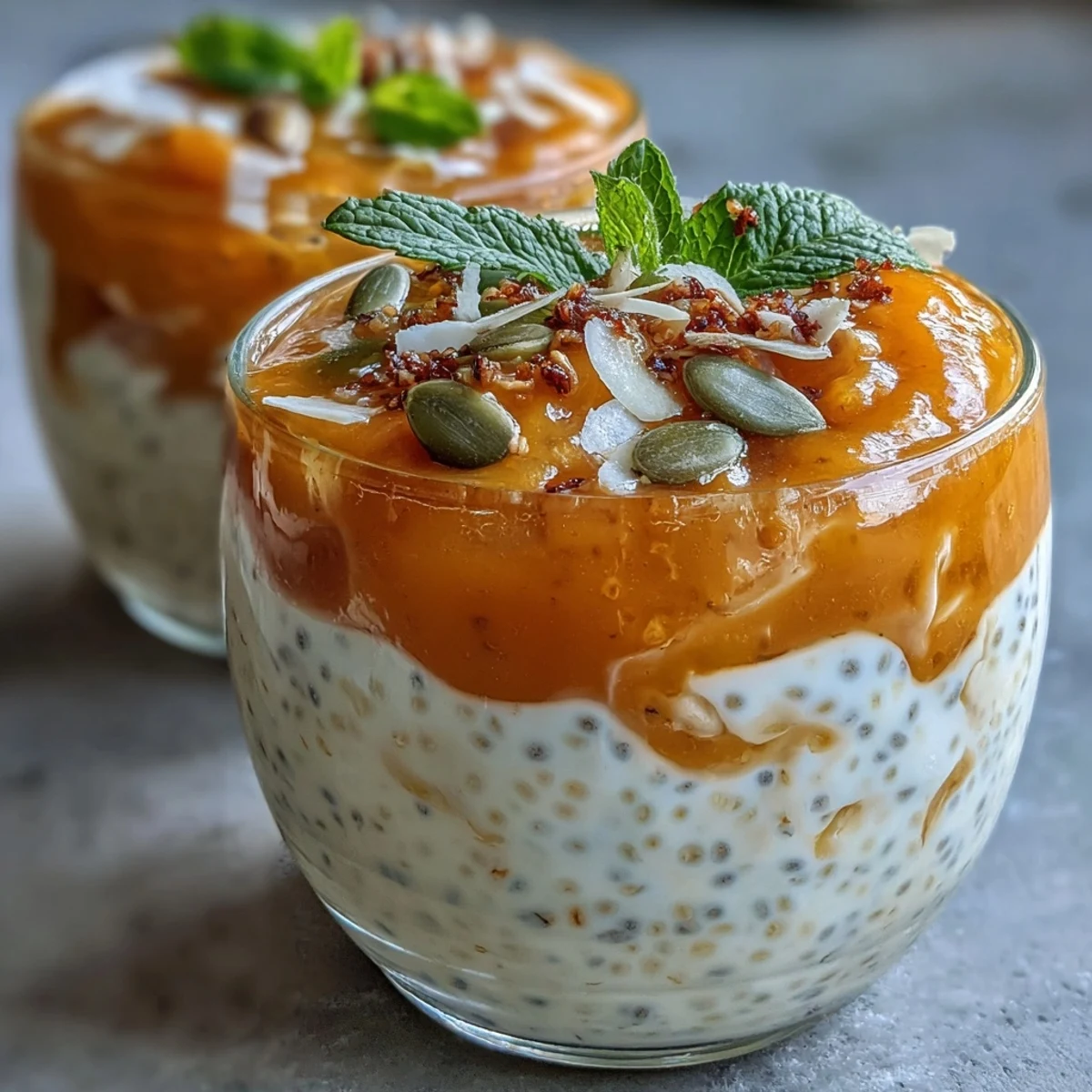 Light and creamy mango coconut chia pudding breakfast cups with fresh mango purée and coconut topping.  