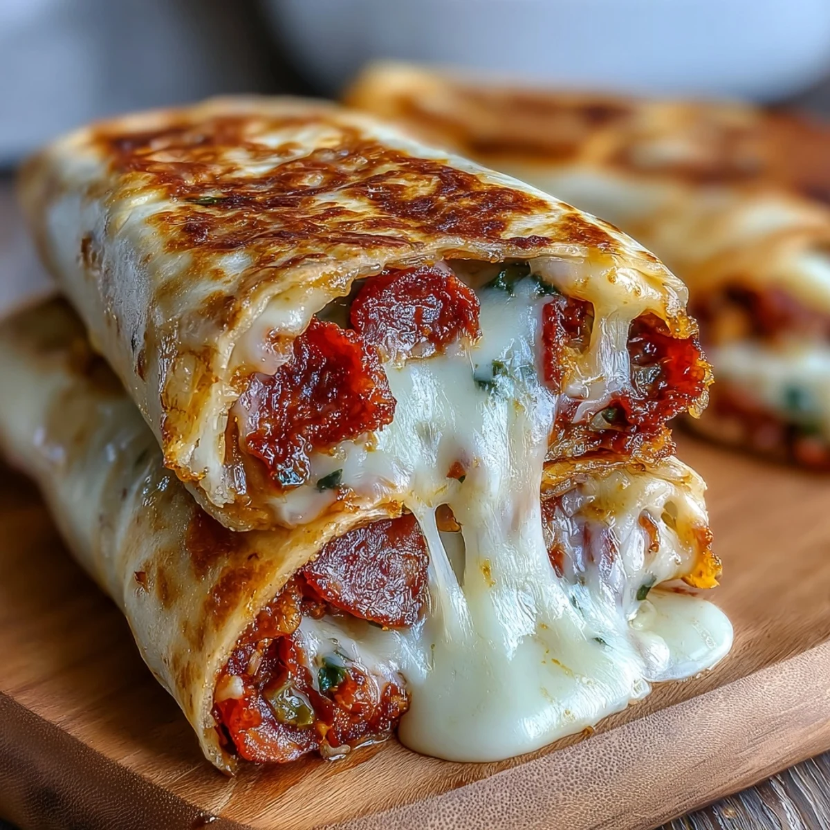 Low-carb Italian sub wrap with melted provolone, spicy salami, pepperoni, and tangy banana peppers in a golden tortilla.