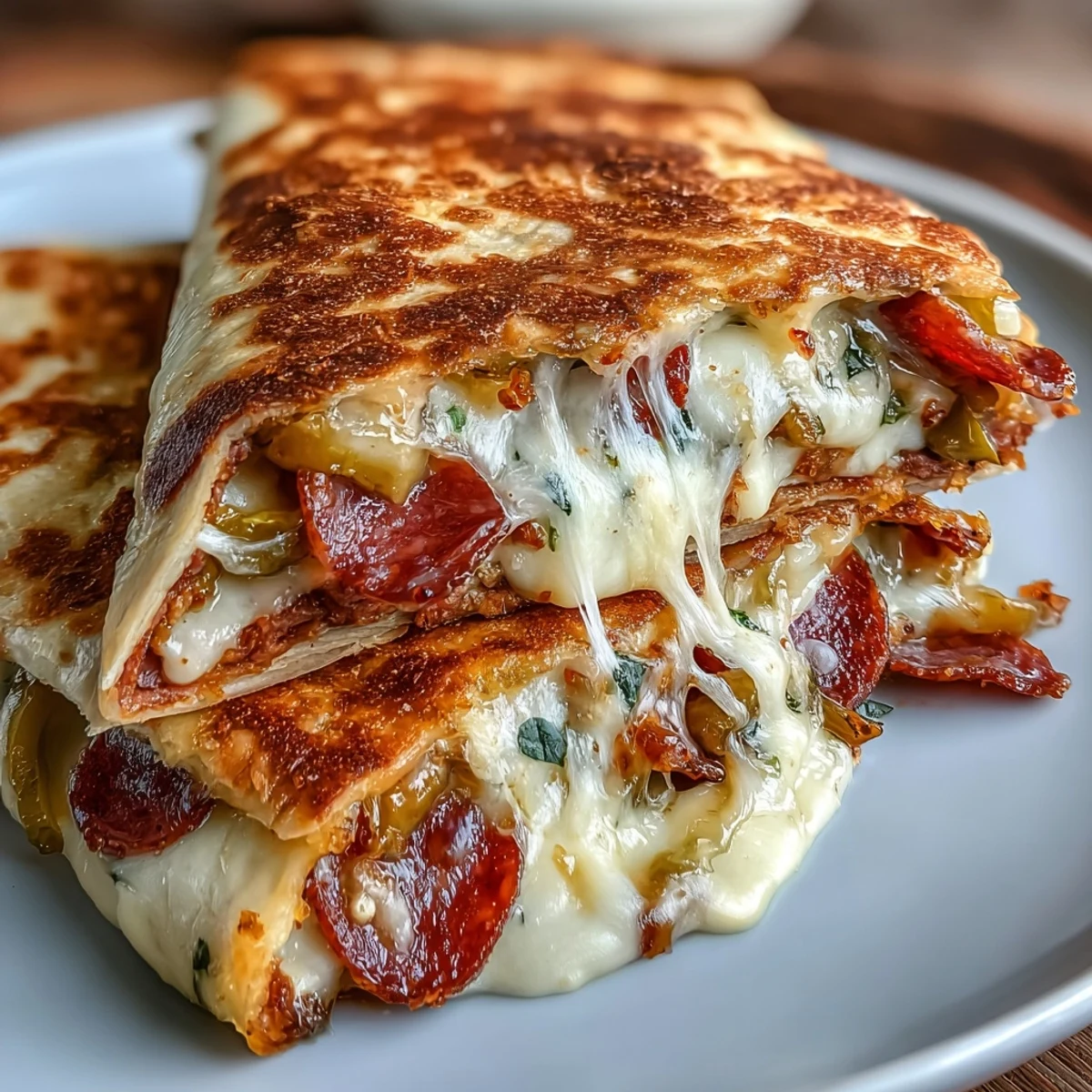 Golden low-carb tortilla stuffed with Italian meats, melted cheese, and tangy peppers, drizzled with Italian dressing.