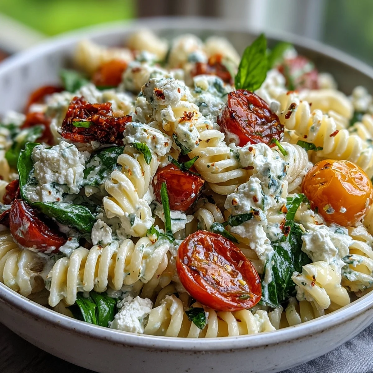 Creamy cottage cheese pasta salad with fresh vegetables and a zesty Italian dressing, perfect for a light, protein-rich meal.  
