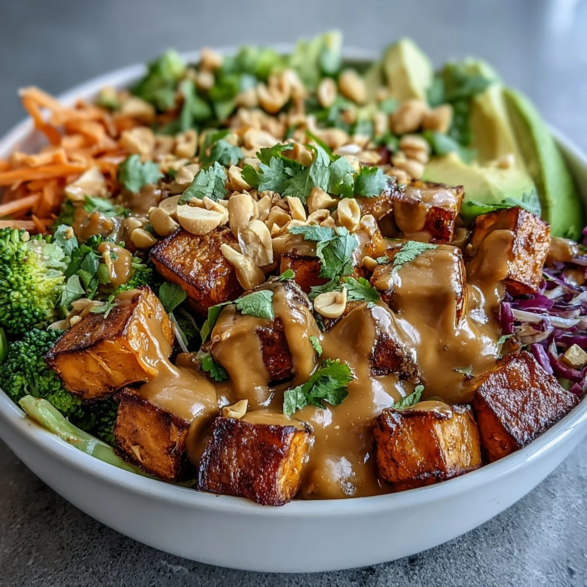 A vibrant Thai peanut sweet potato Buddha bowl with roasted vegetables and creamy peanut sauce, garnished with fresh cilantro and chopped peanuts.