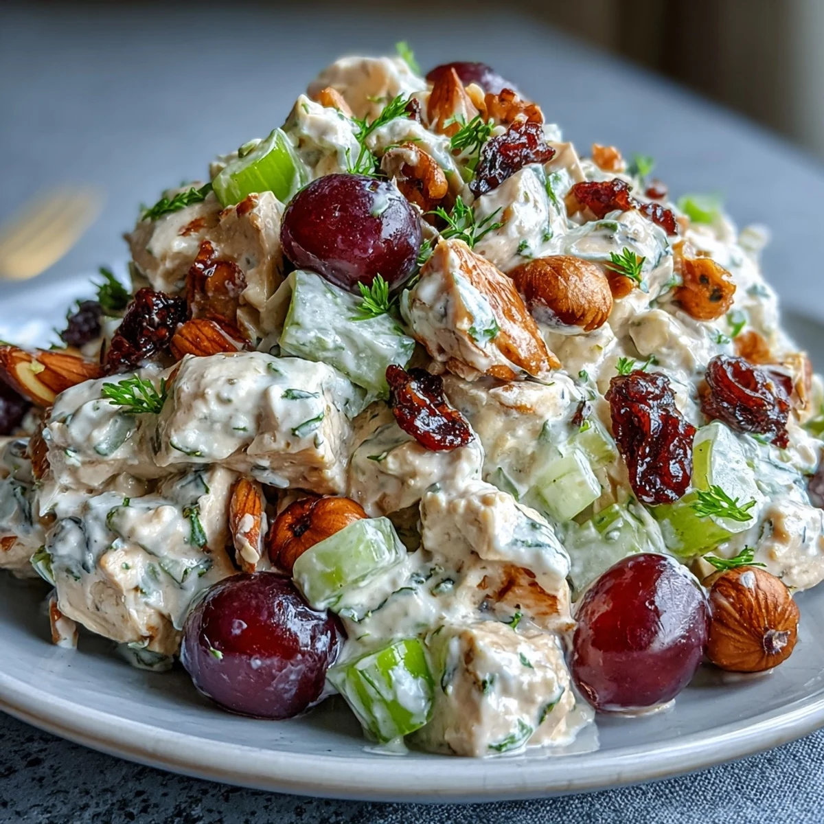 A colorful vegan chicken salad with crunchy almonds, juicy grapes, and creamy dressing served on a croissant.