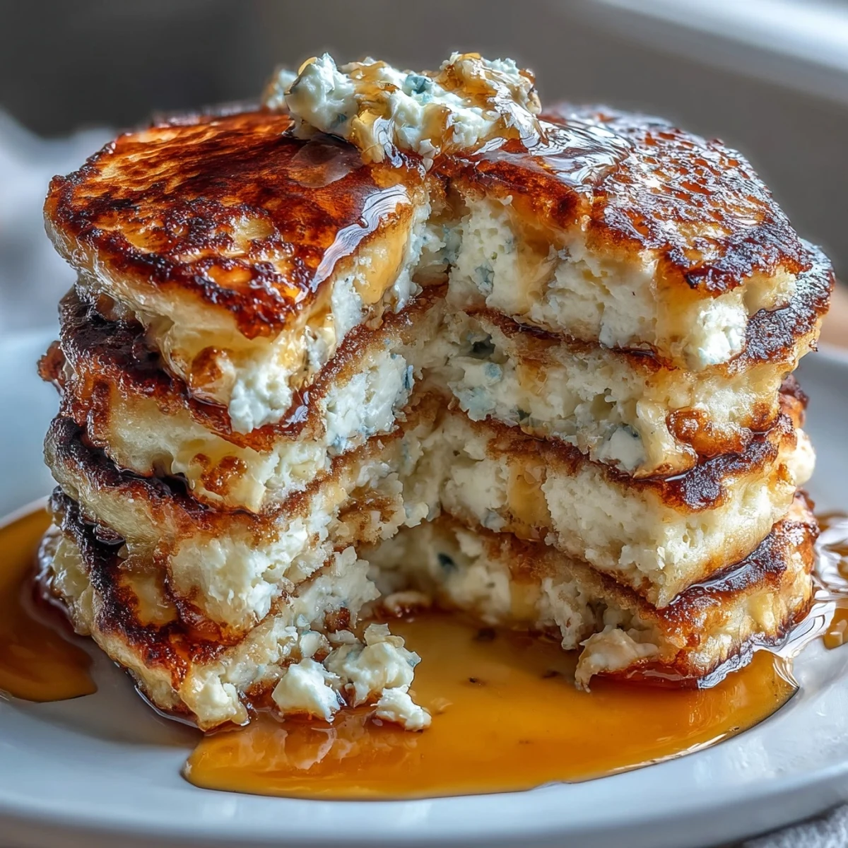 Fluffy flourless cottage cheese pancakes stacked high, golden and inviting, served with fresh berries and a drizzle of honey.  