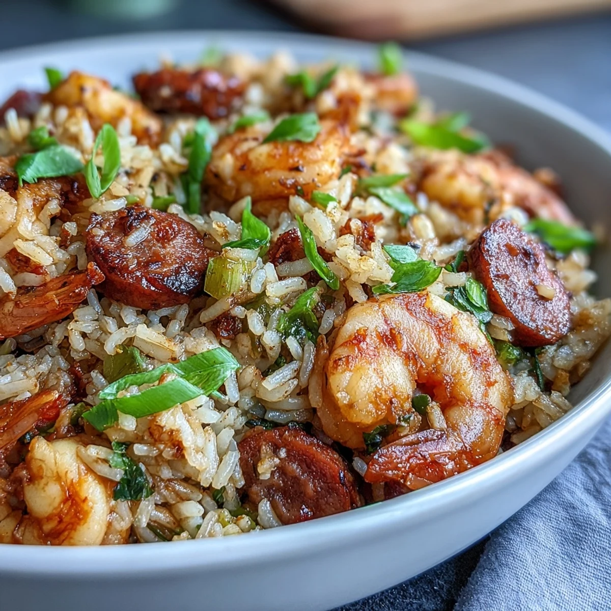 Flavorful Cajun dirty rice loaded with spiced sausage, plump shrimp, and aromatic vegetables for a satisfying Southern meal.  