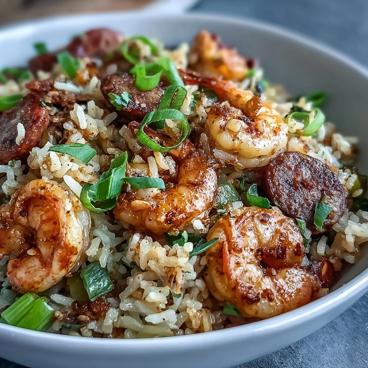 Classic Cajun dirty rice featuring tender shrimp, smoky sausage, and seasoned rice, garnished with sliced green onions.