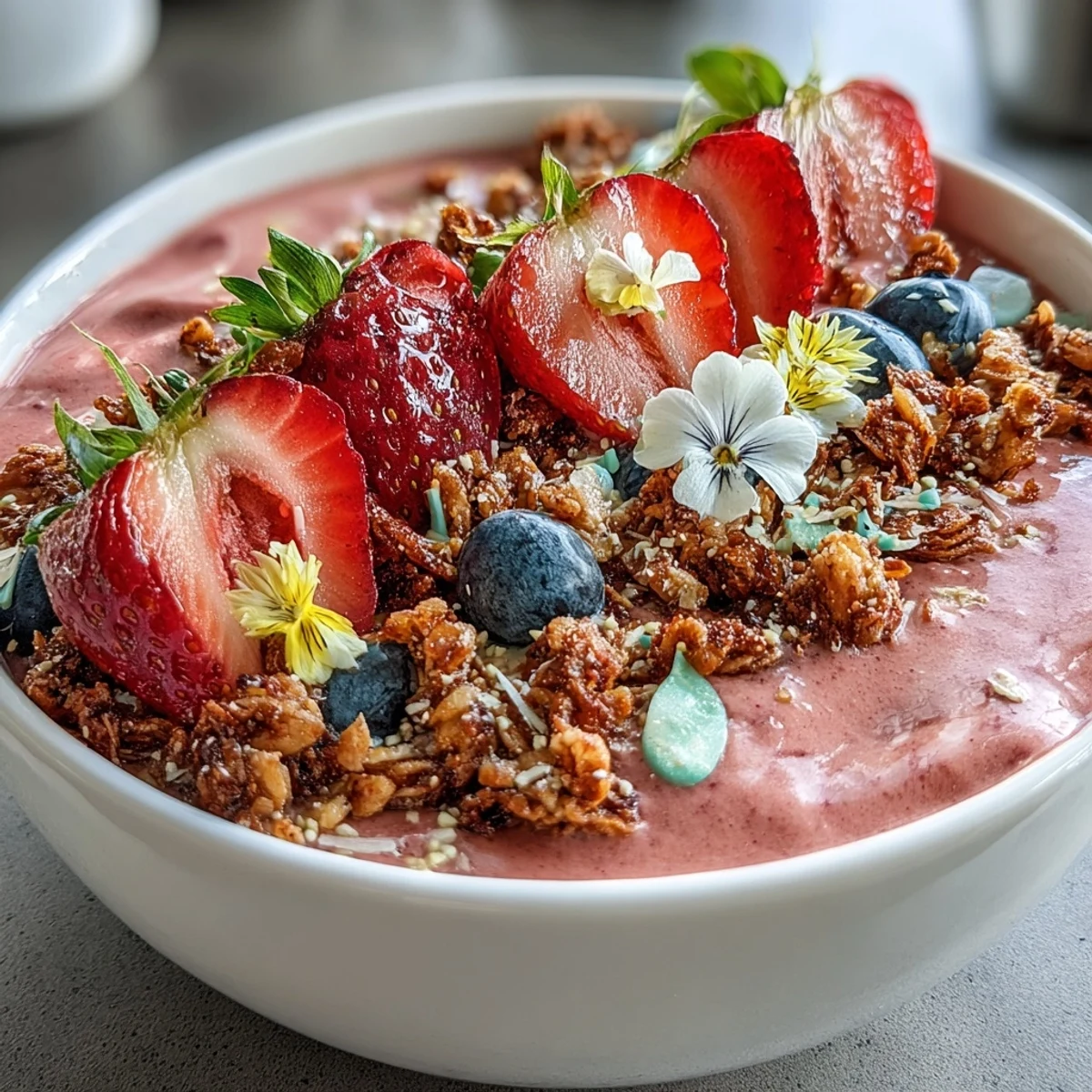 Vibrant strawberry smoothie bowl topped with crunchy granola, fresh berries, and coconut flakes for a festive Galentines brunch.  