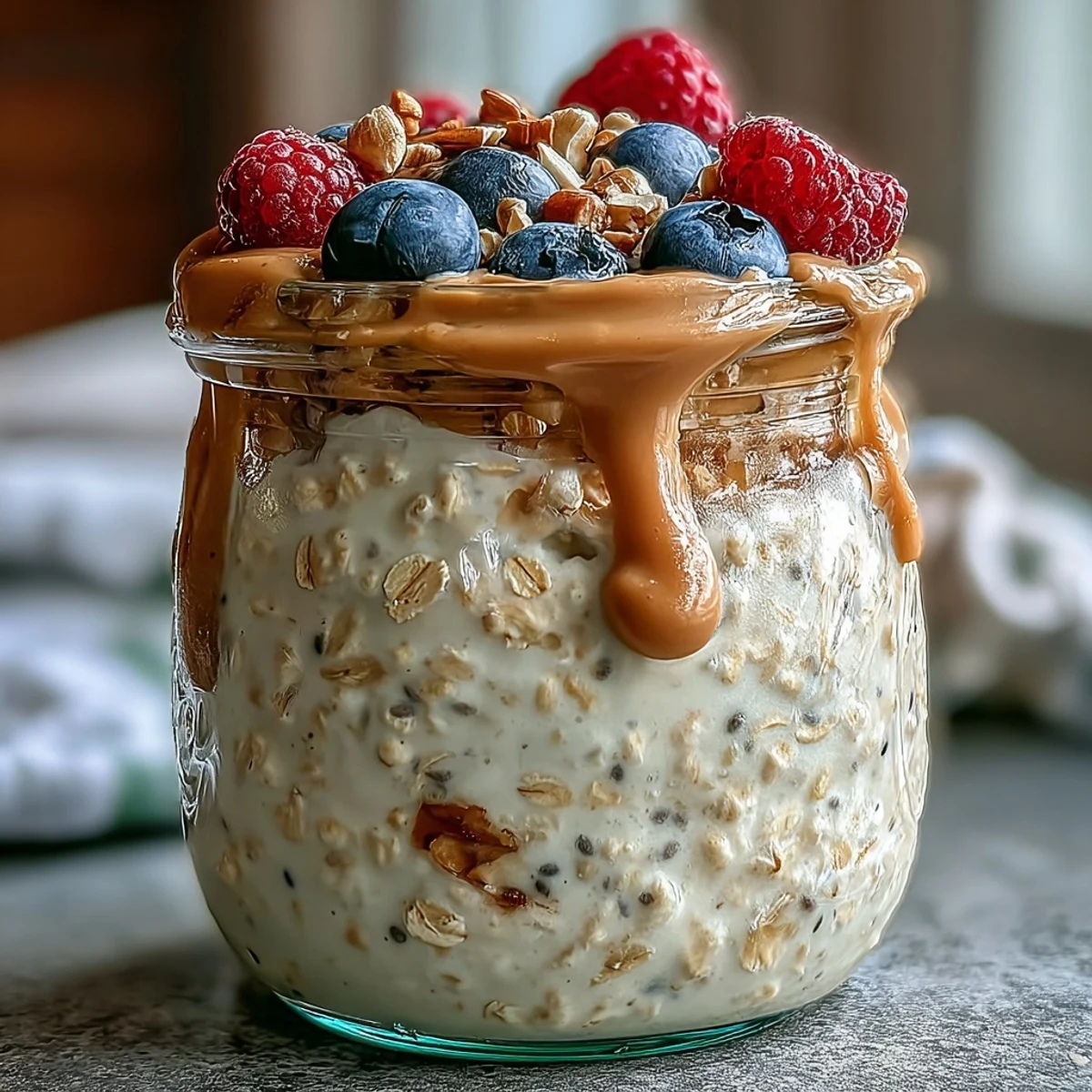 Creamy overnight oats topped with fresh berries and a drizzle of almond butter for a wholesome breakfast.  