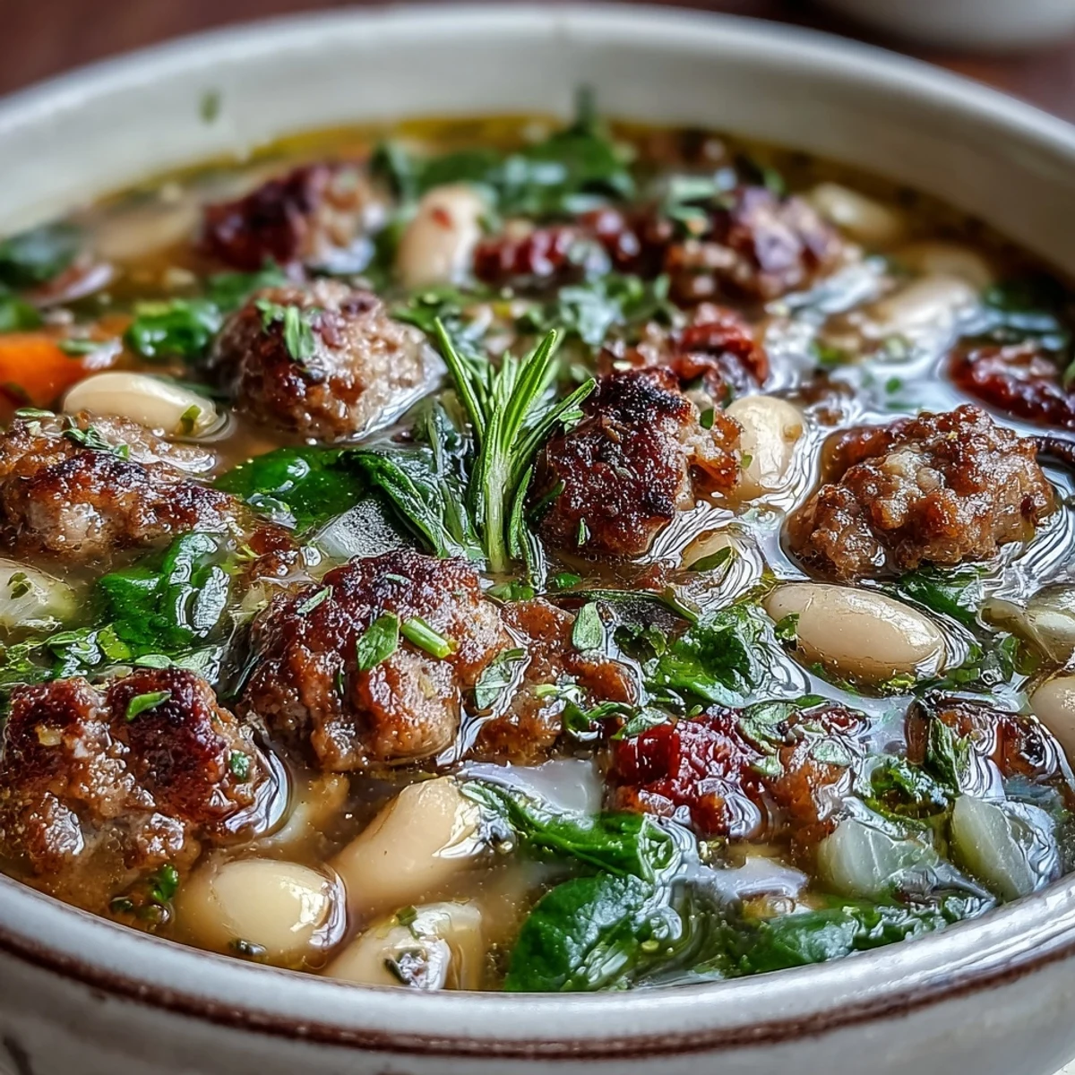 Hearty Tuscan white bean soup featuring savory Italian sausage, tender beans, and fresh spinach in a fragrant broth.  
