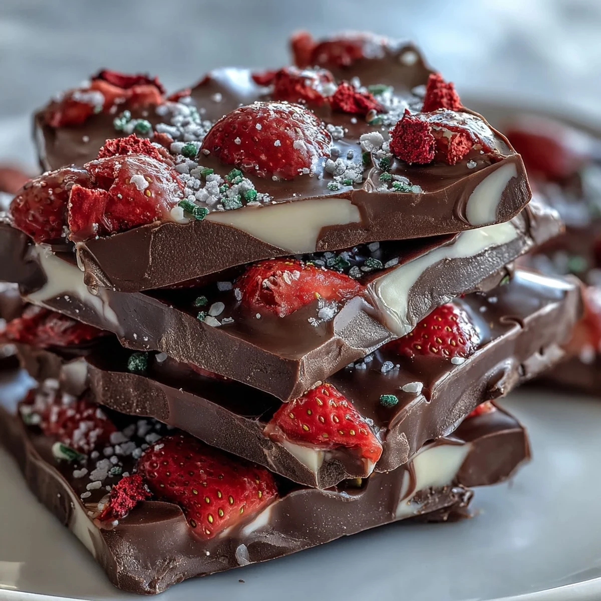 A luscious chocolate bark with swirls of dark and white chocolate, topped with vibrant freeze-dried strawberries and festive sprinkles.