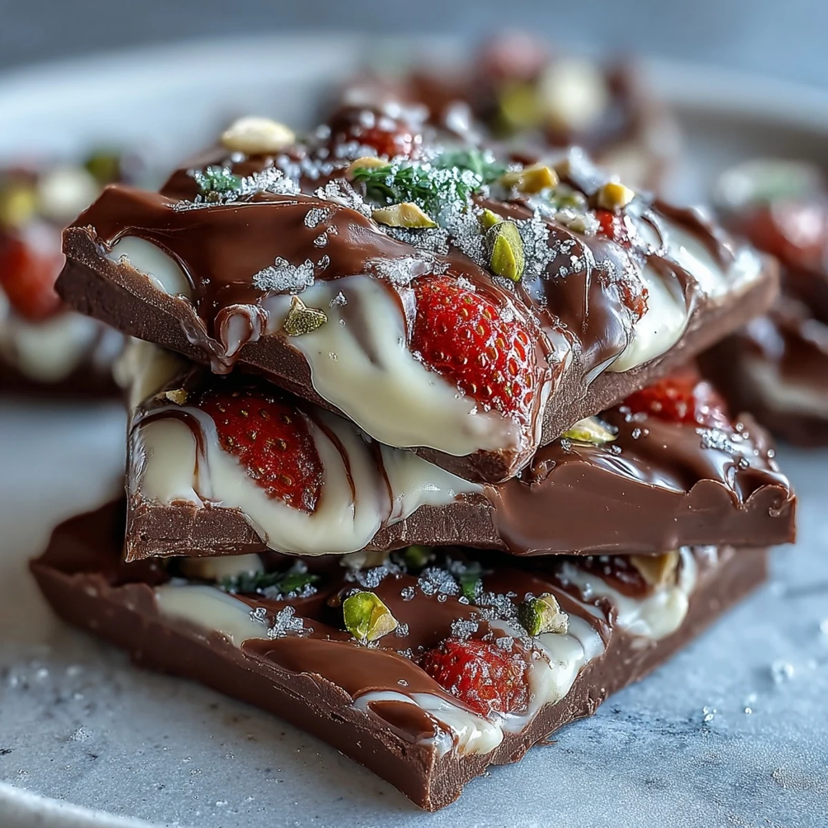 Rich dark and white chocolate bark marbled together and decorated with crunchy freeze-dried strawberries for a Valentine's Day treat.