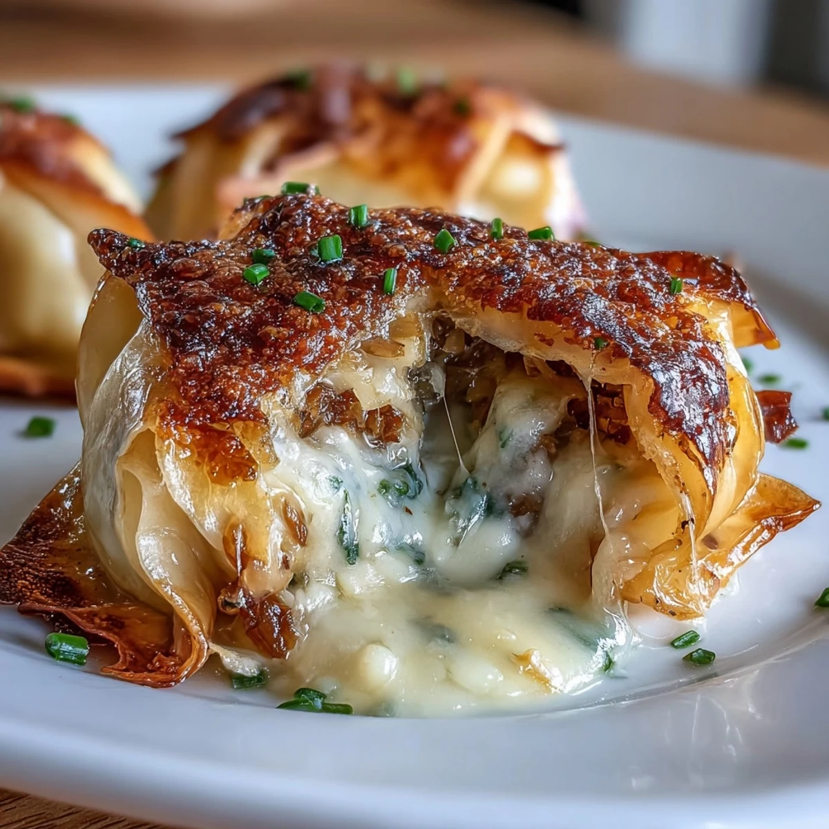 Crispy Caramelized French Onion Soup Dumplings with melted Gruyère and golden caramelized onions.  