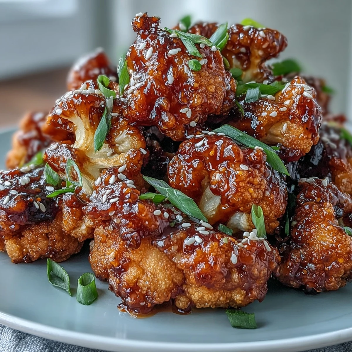 Air-fried General Tso's cauliflower with a glossy, garlicky sauce, perfect for Asian fusion meals or snacking.