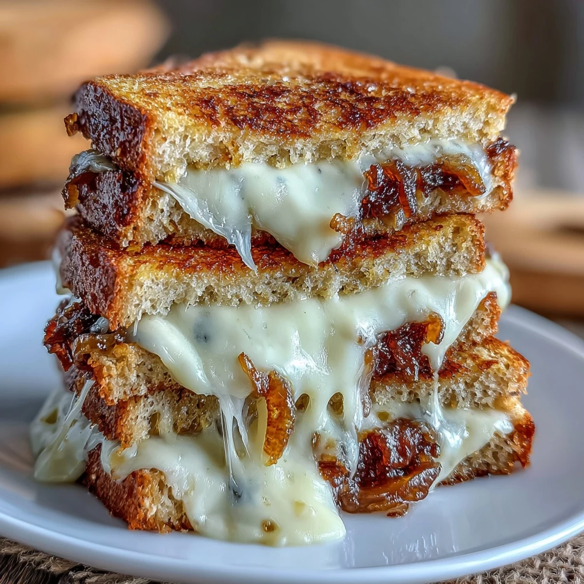 Savory sourdough grilled cheese packed with nutty Gruyere and luscious caramelized onions, ideal for lunch or dinner.