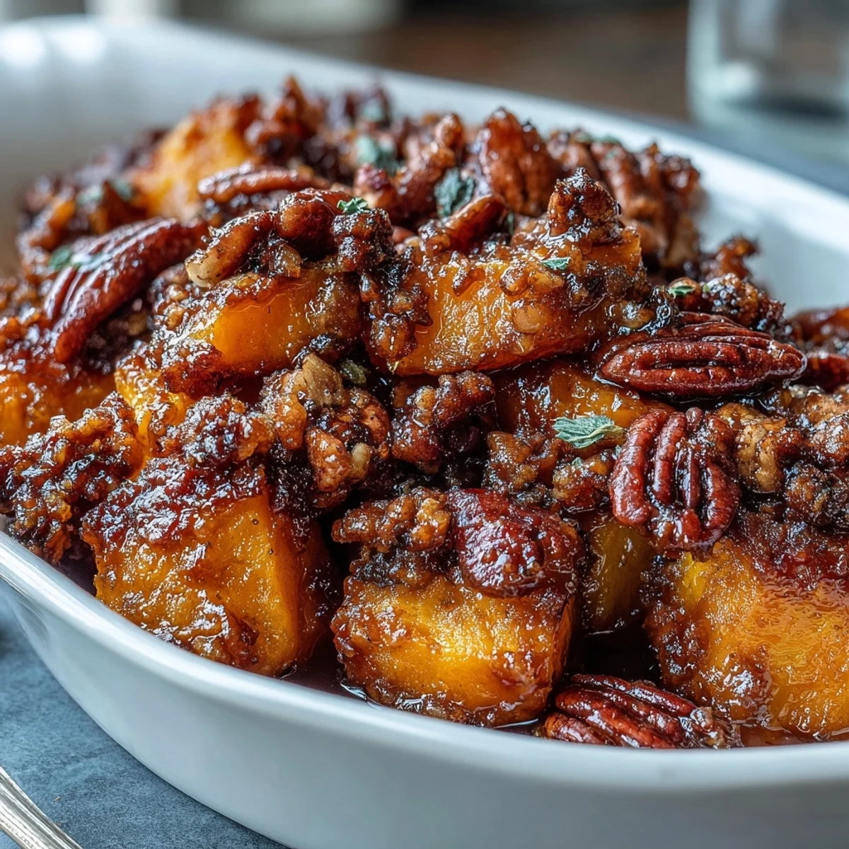 Candied yams casserole with pecan streusel topping, golden and bubbling from the oven, ready for holiday feasting.